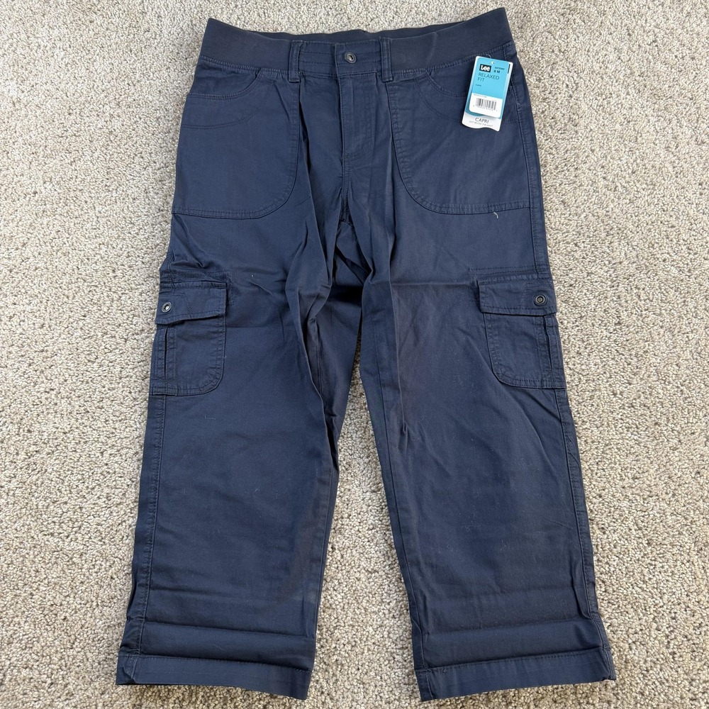 Lee Pants Womens 8 Blue Twill Capri Cargo Relaxed Fit Stretch Pockets Casual